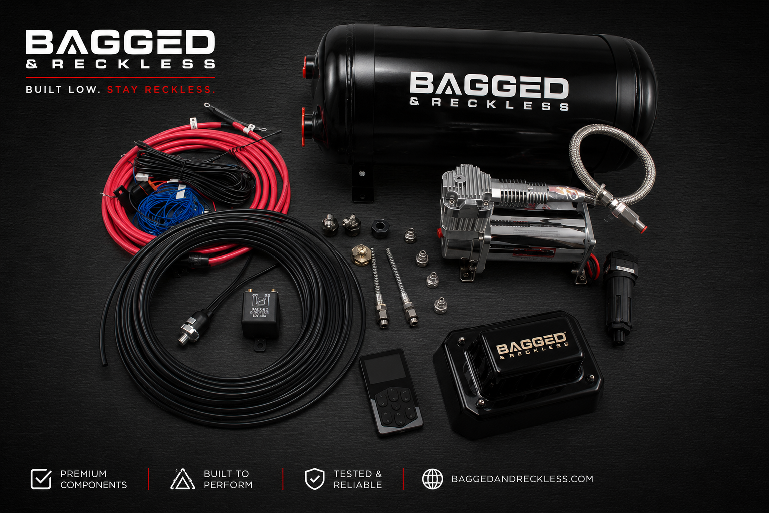 Bagged & Reckless Basic Digital 2-Way Air Suspension Management Kit – Tank, Compressor & Digital Controller