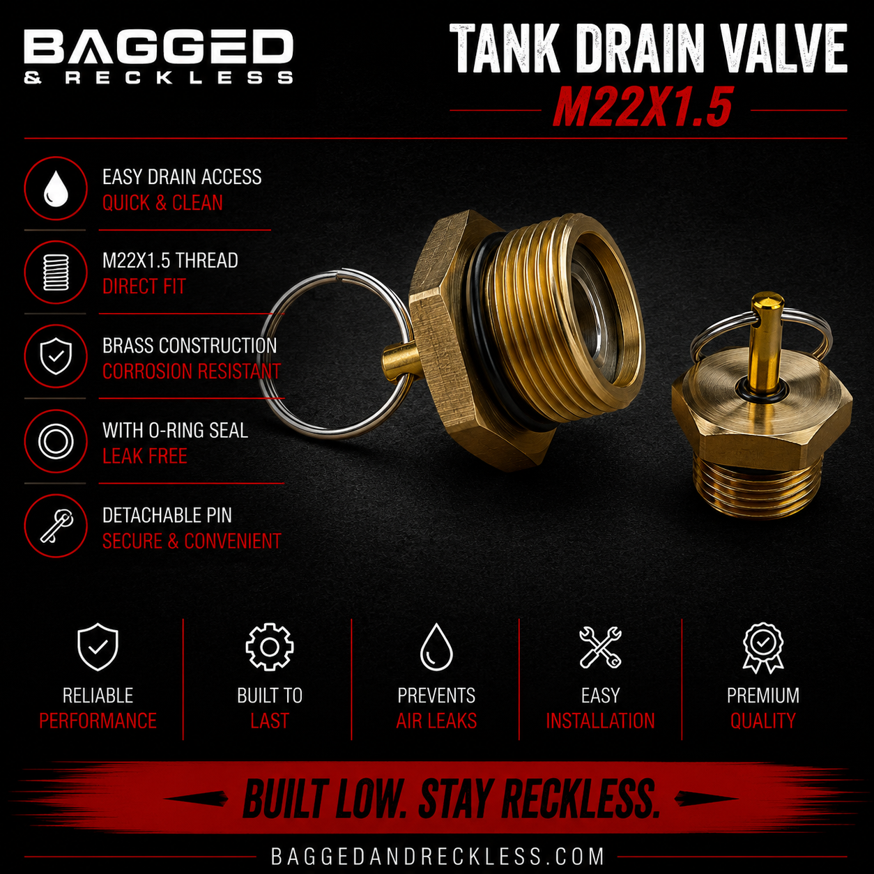 Bagged & Reckless M22x1.5 Air Tank Drain Valve – Manual Push Release