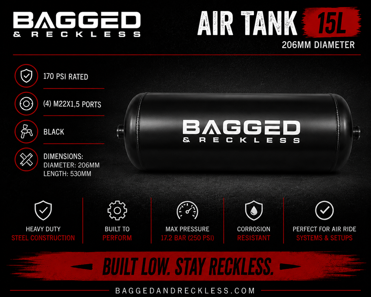 Bagged & Reckless 15L Steel Air Tank – 206mm Diameter – 4 x M22x1.5 Ports – 170 PSI